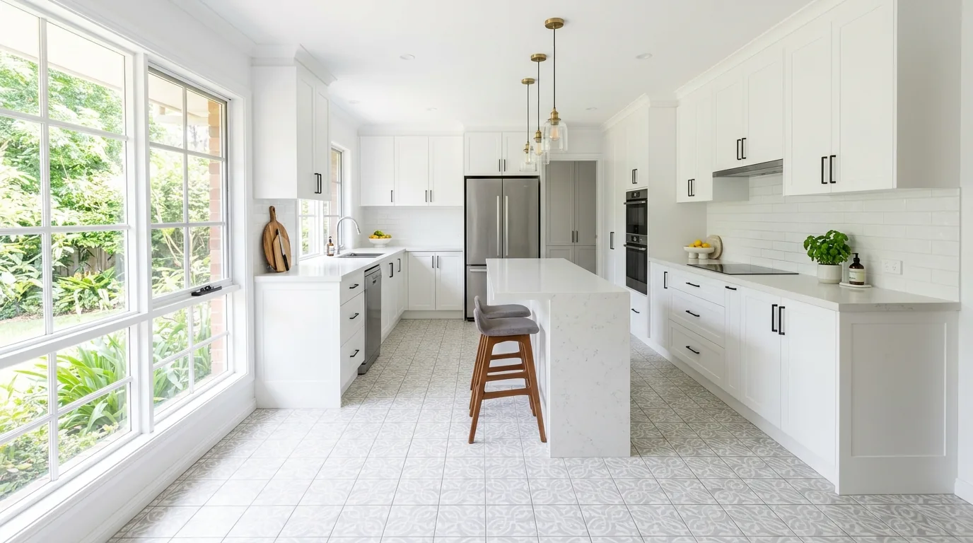 Family kitchen with mid-tone luxury vinyl plank flooring