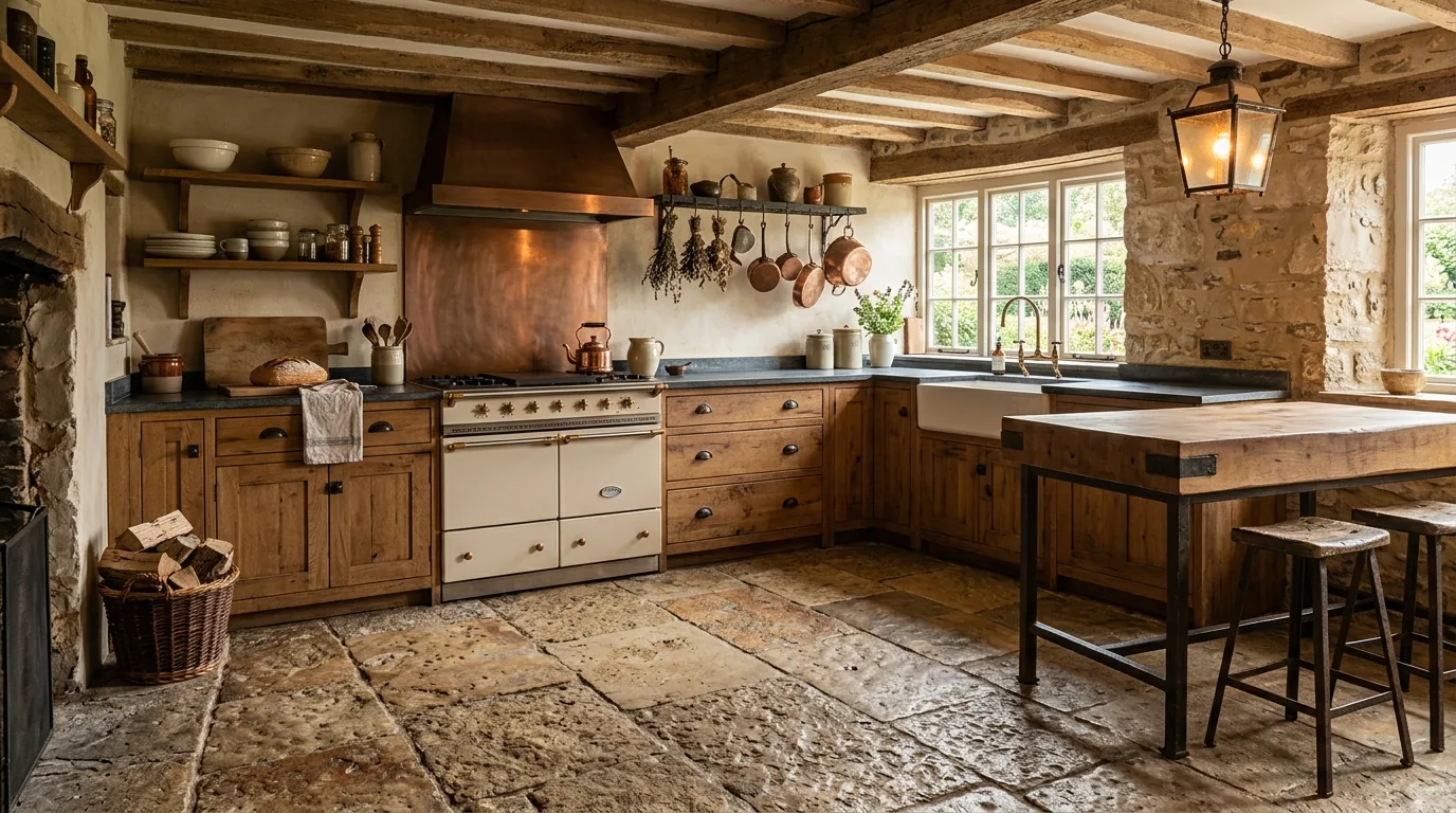Farmhouse kitchen with brick-look floor tile and shaker cabinets