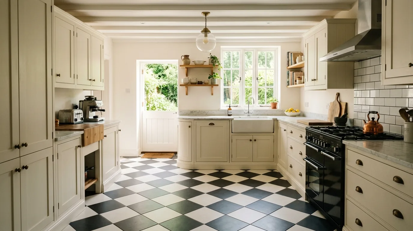 Scandinavian kitchen with pale oak-look flooring and white walls