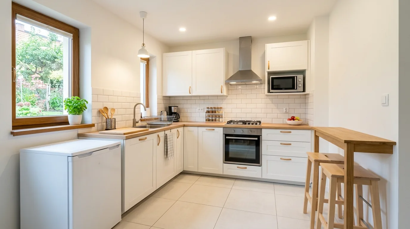 Galley kitchen with stone-look porcelain and reflective light