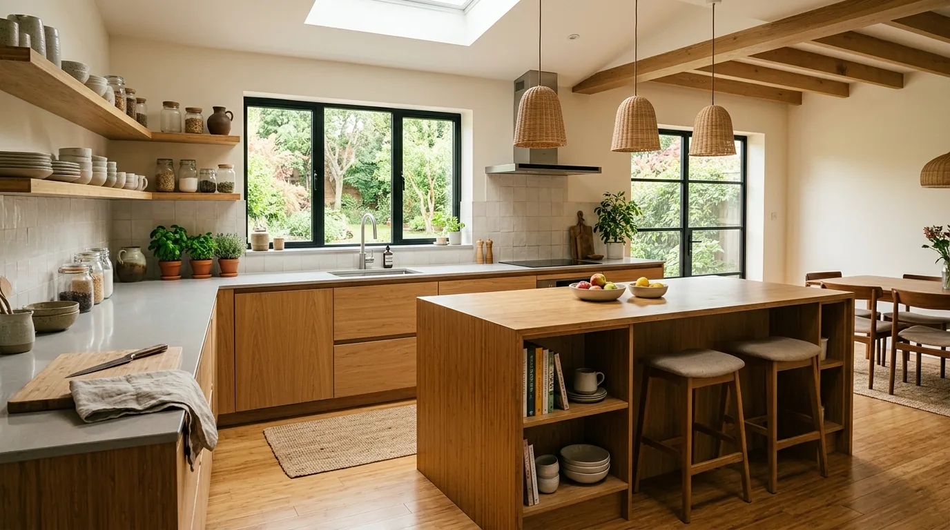 Luxury kitchen with veined marble-look tile floor and brass details