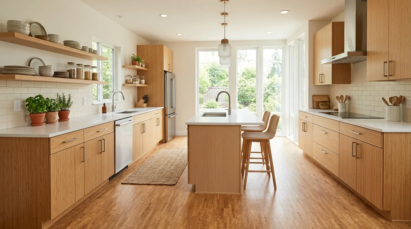 Small kitchen with light terrazzo-style flooring