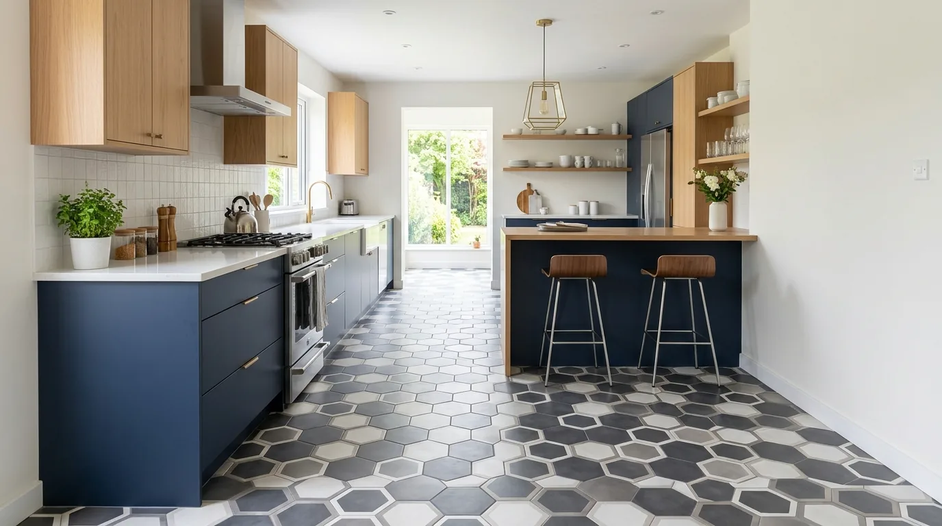 Open concept kitchen with continuous plank flooring linking cooking and dining areas