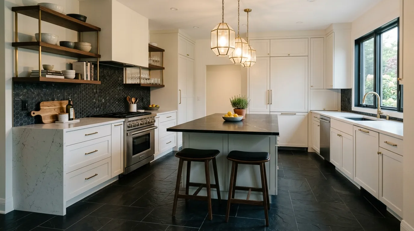 Minimal kitchen with concrete-look tile and under-cabinet lighting