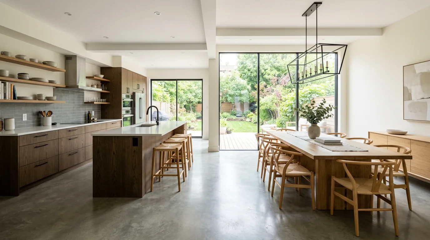 Coastal kitchen with sandy-toned flooring and pale blue accents