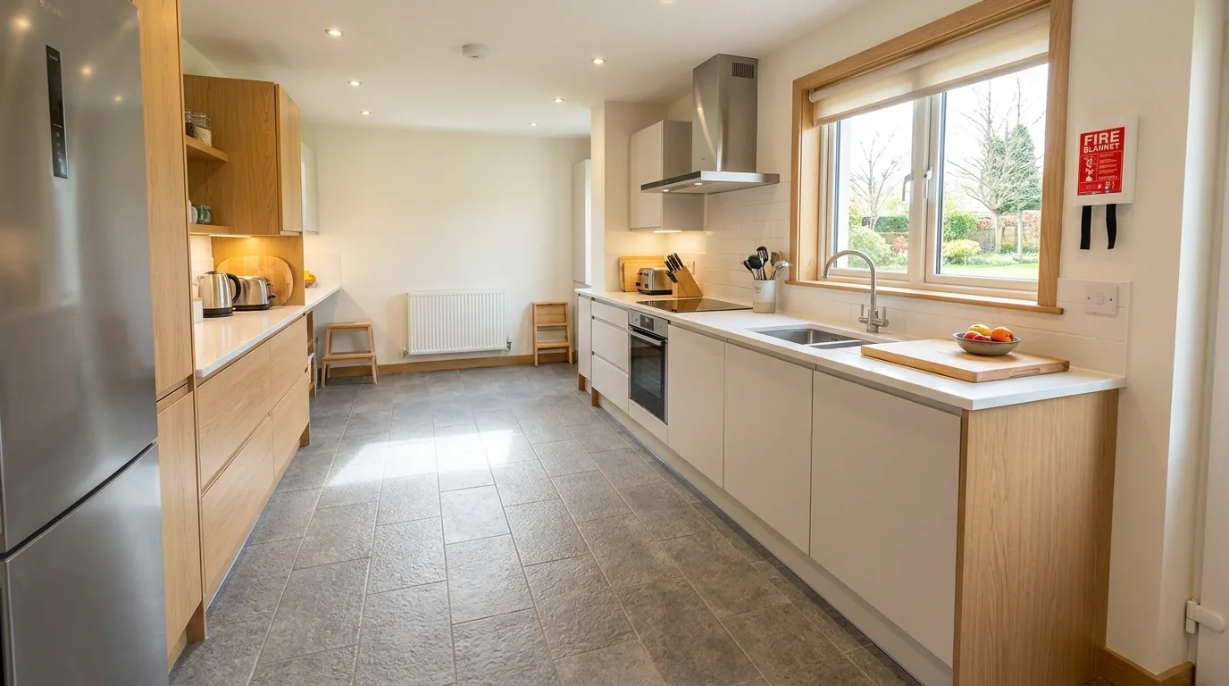 Traditional kitchen with herringbone brick-pattern tile floor