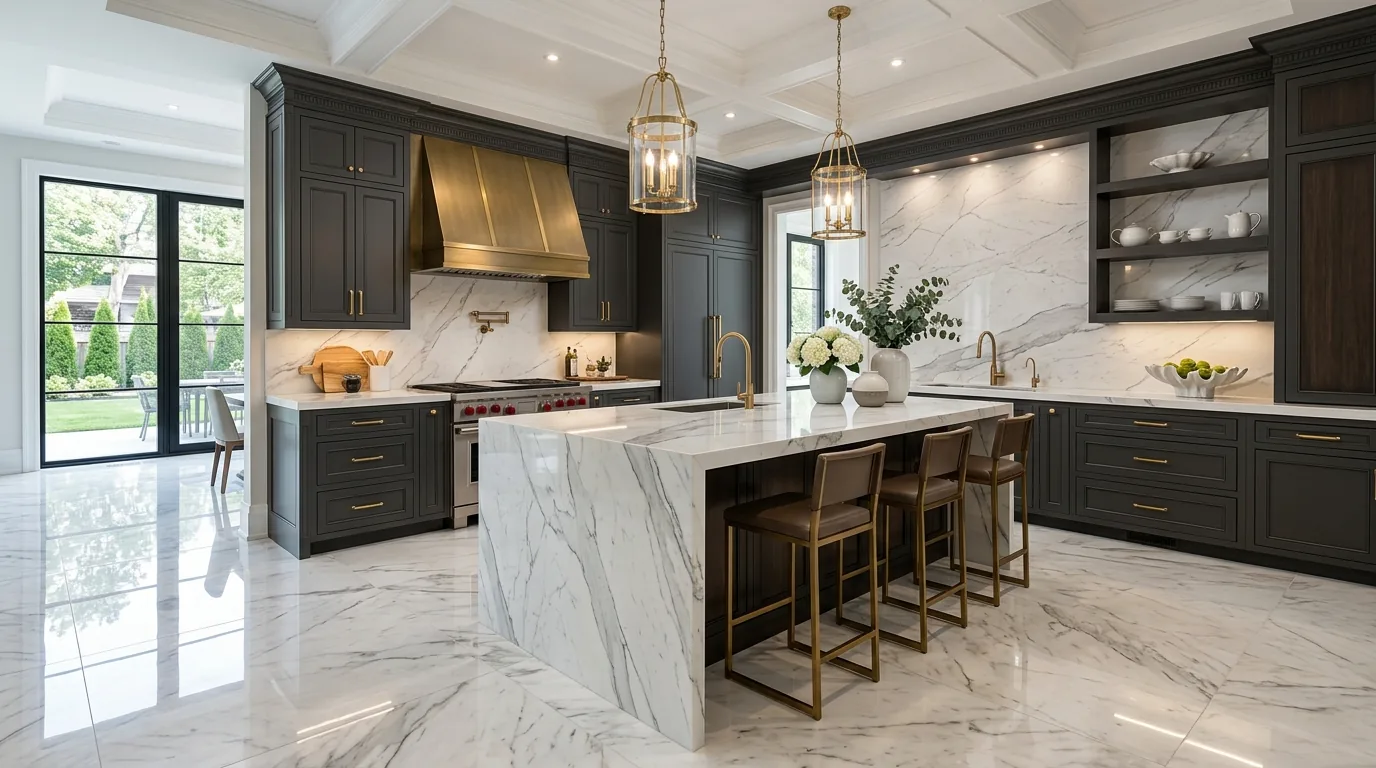 Cinematic kitchen interior with durable flooring