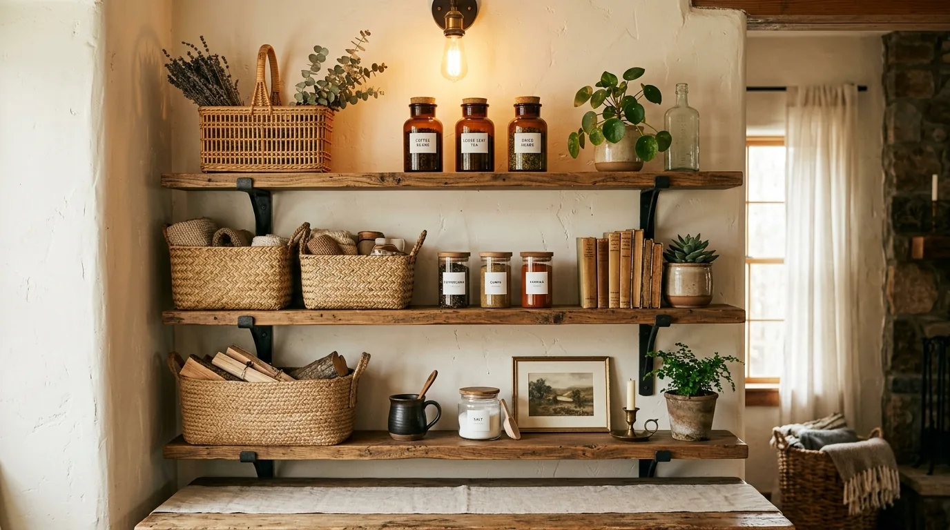 Bedroom shelf above dresser with framed art and baskets