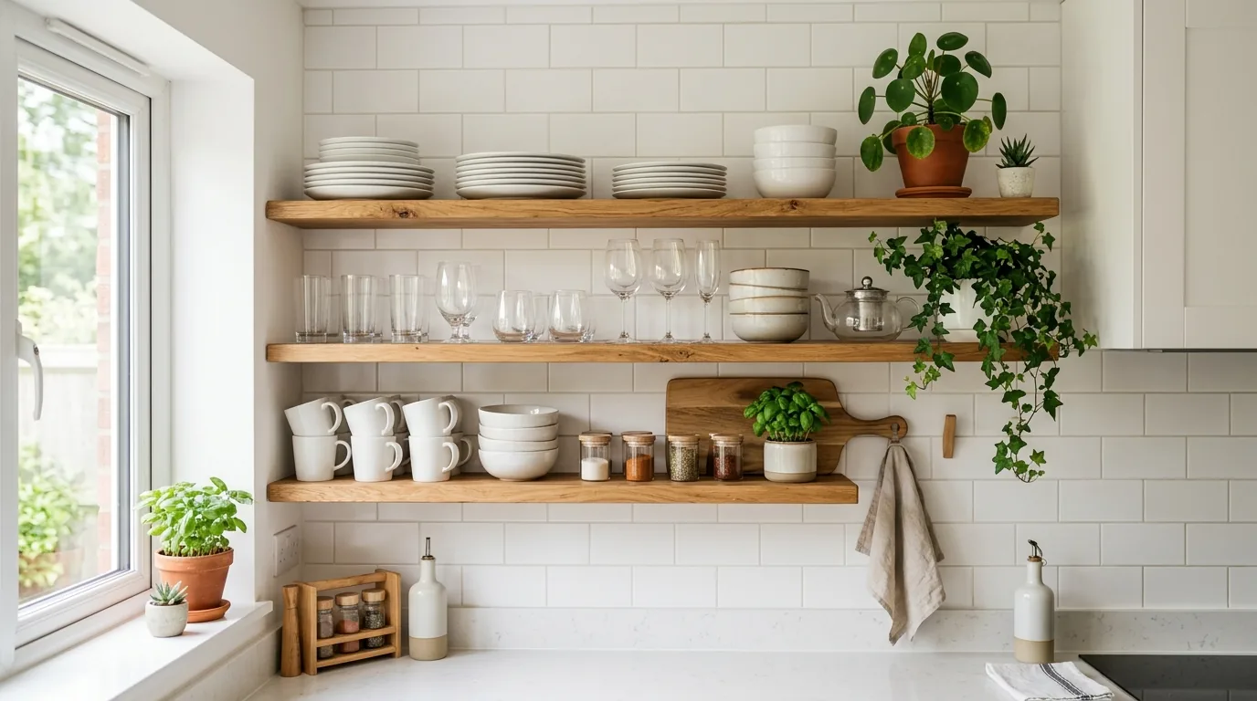 Bathroom shelves over toilet with folded towels and canisters