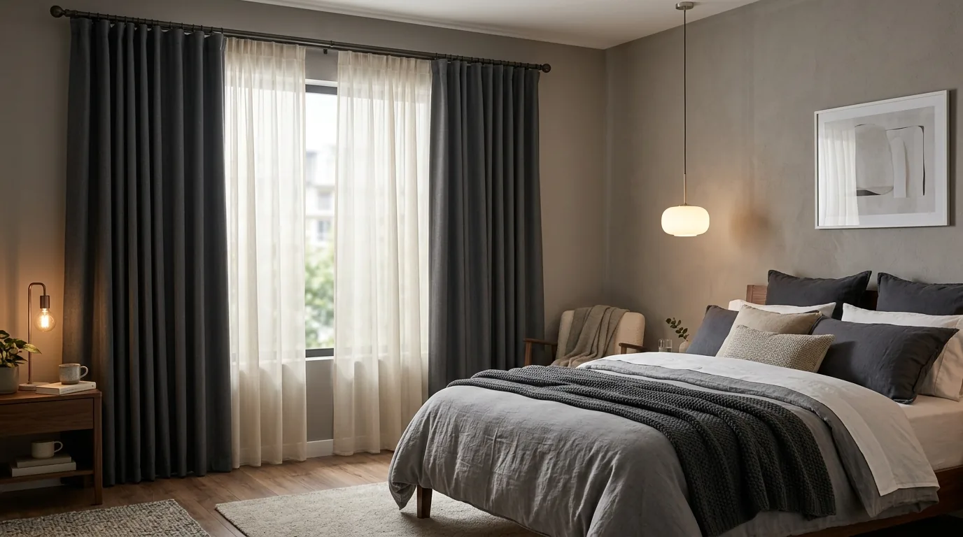 Bedroom with blackout drapes layered over sheers
