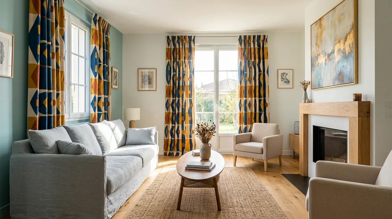 Modern apartment with ripple-fold curtains on ceiling track