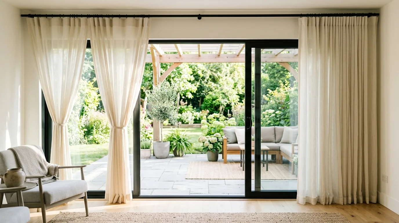Corner windows with continuous drapery treatment