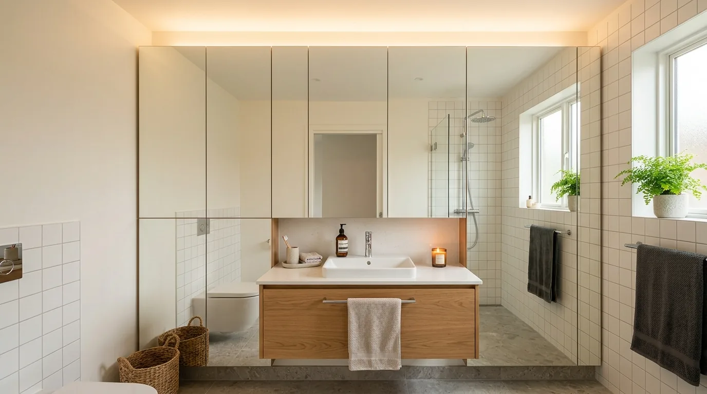 Tall slim storage tower beside vanity