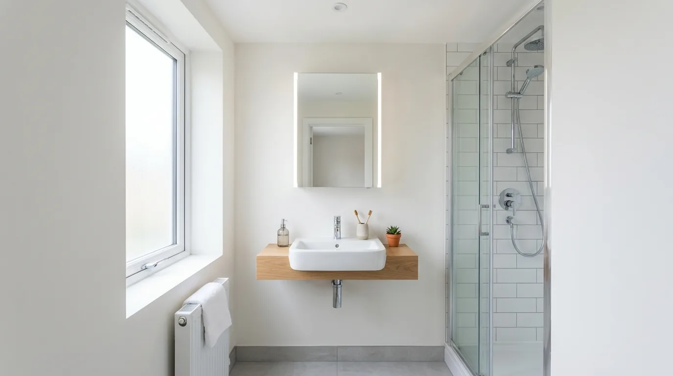 Floating vanity with side cabinet and open niche below