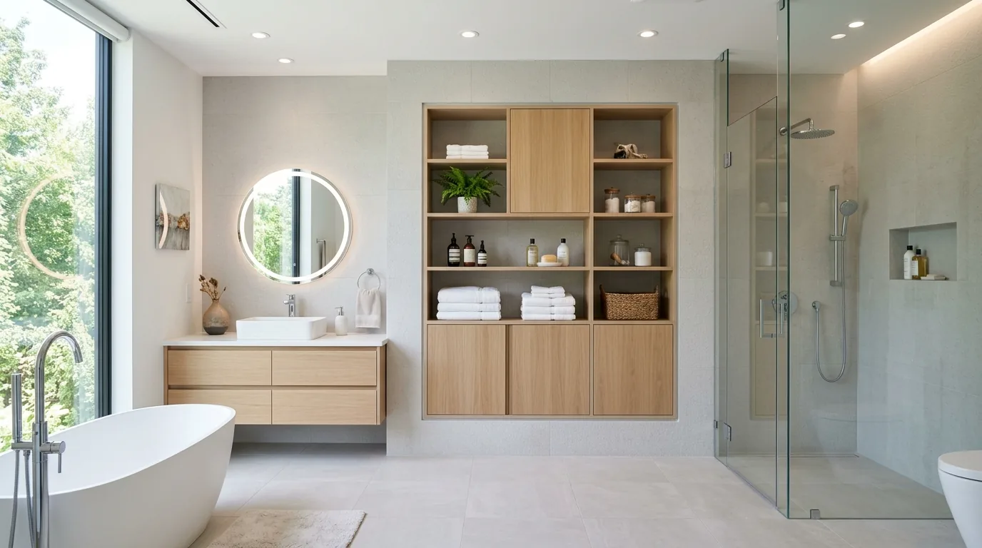 Built-in cabinet between wall studs near shower
