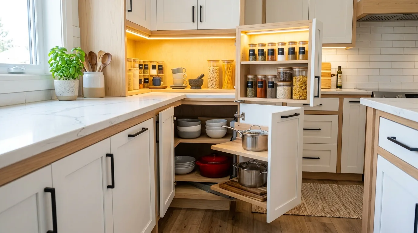 Farmhouse bathroom with wood cabinet and baskets below