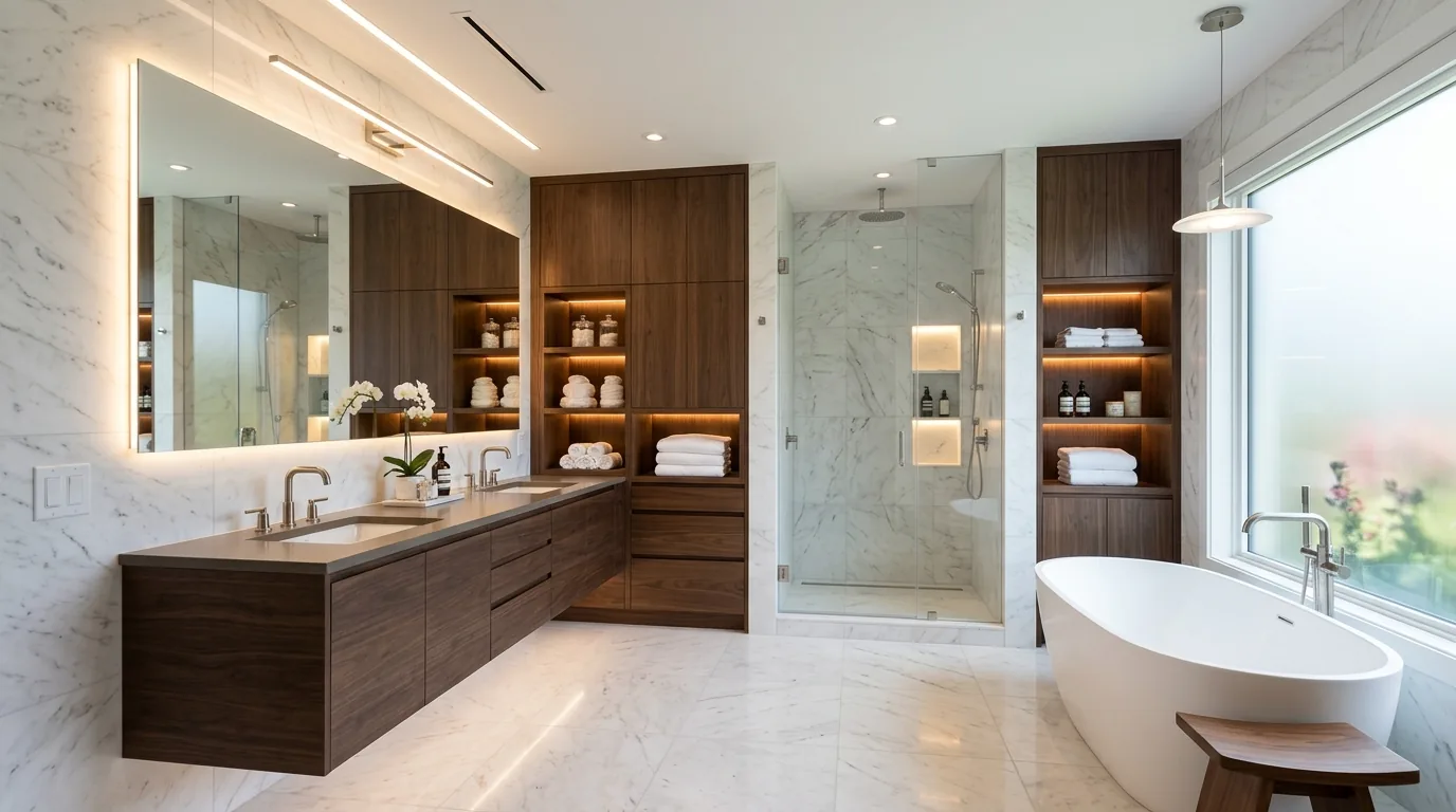 Modern bath with fluted cabinet fronts and integrated lighting