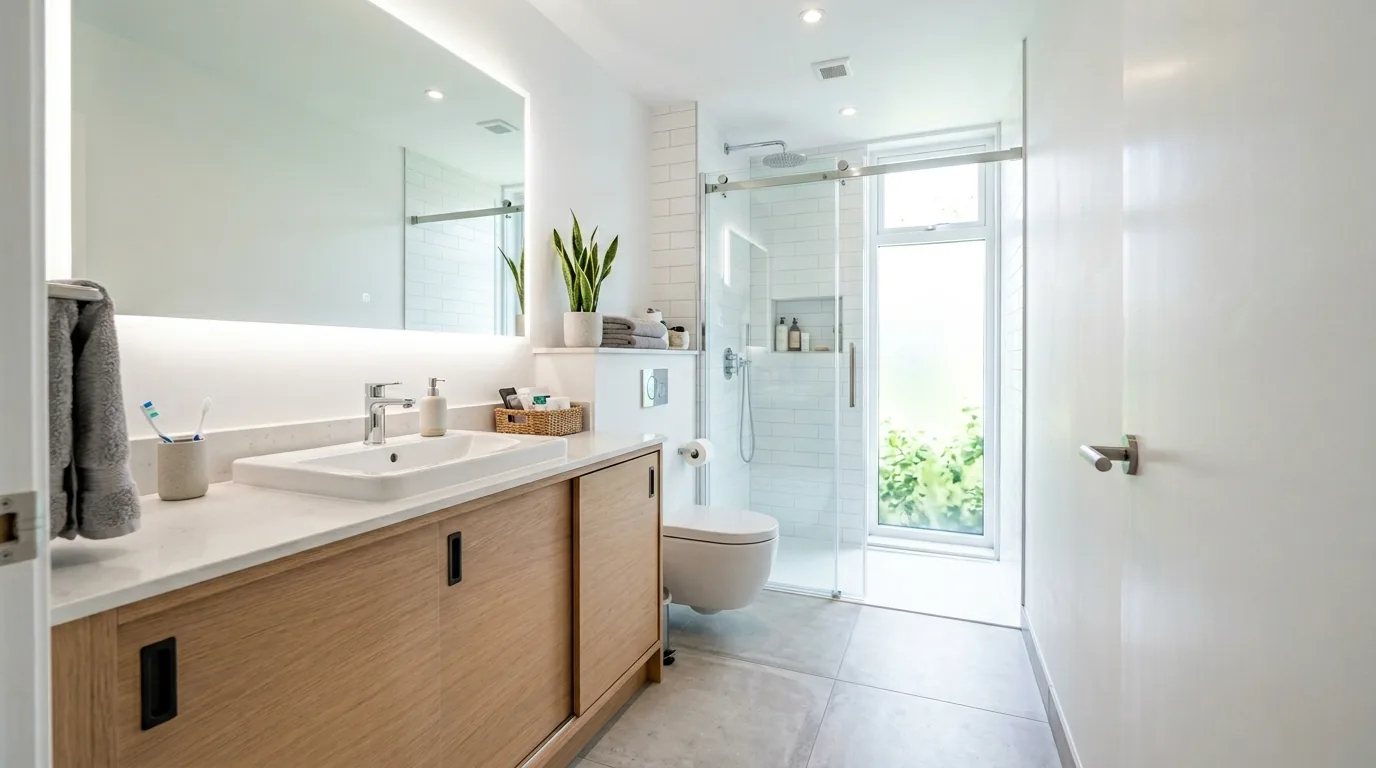 Corner cabinet solution tucked beside bathtub