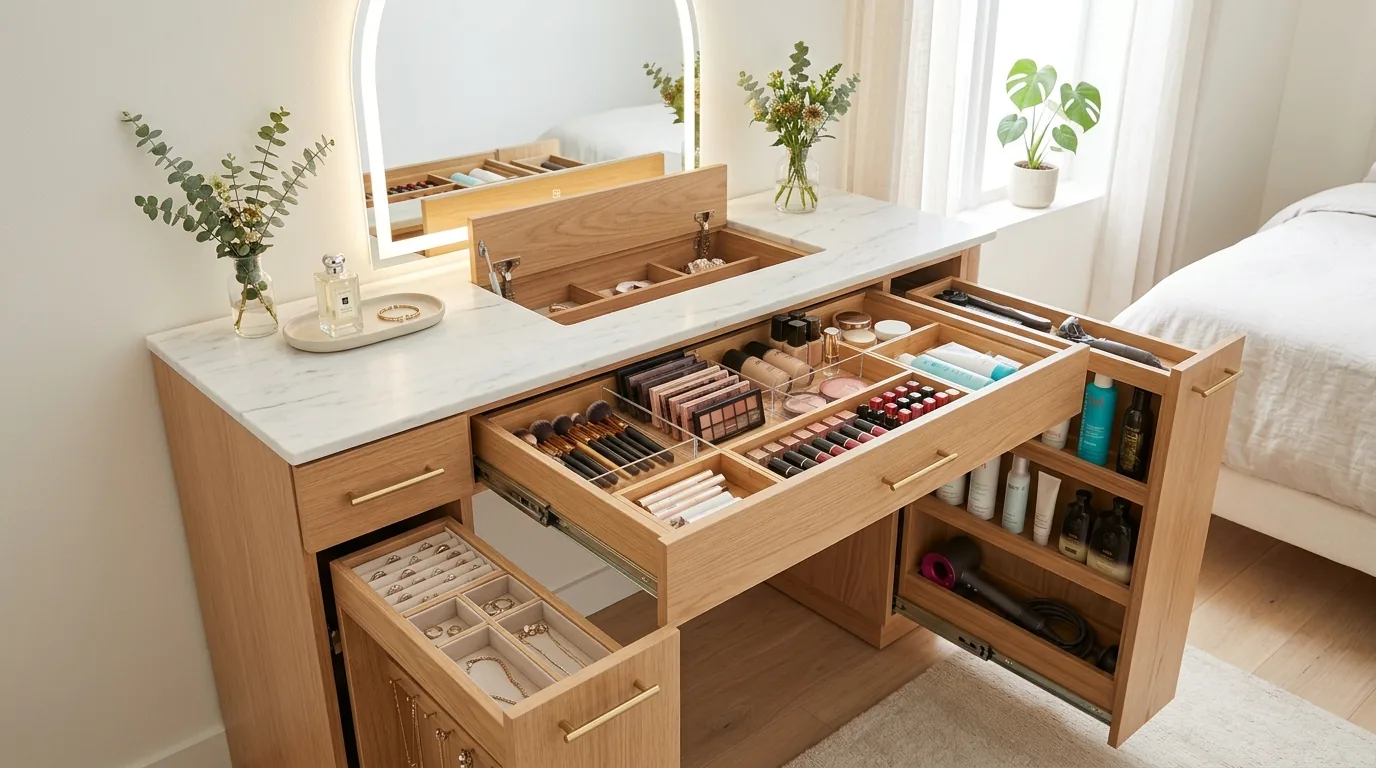 Family bathroom with double-sink vanity cabinets and internal pull-outs