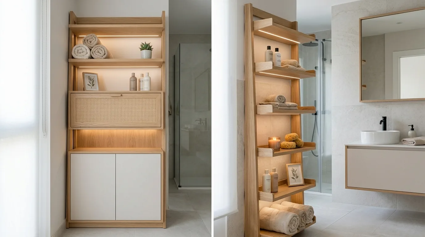 Cinematic bathroom storage scene with smart cabinetry