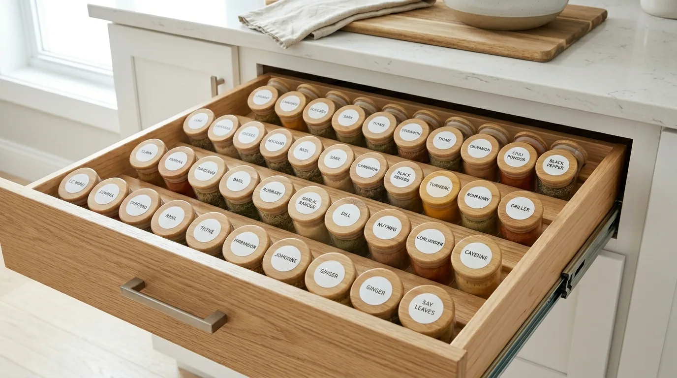 Narrow pull-out spice rack beside range