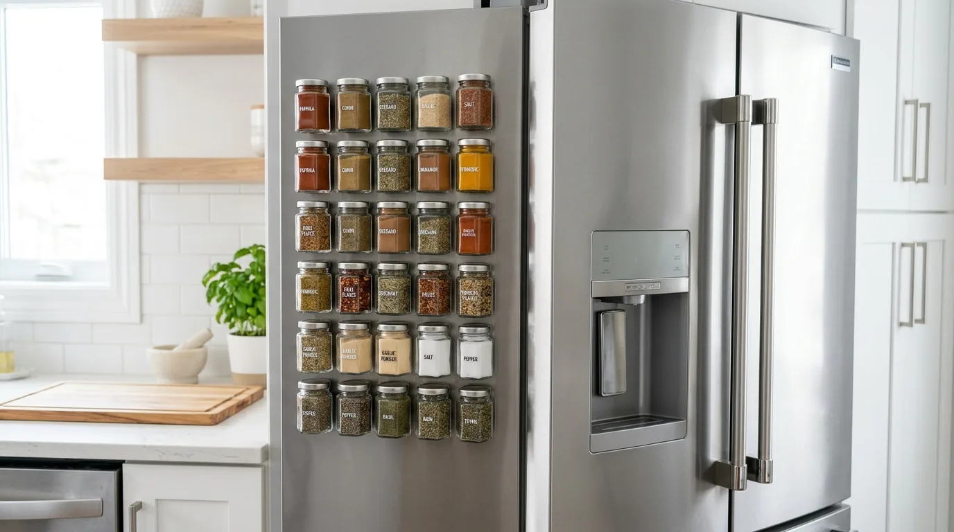 Cabinet-door spice shelves with uniform containers