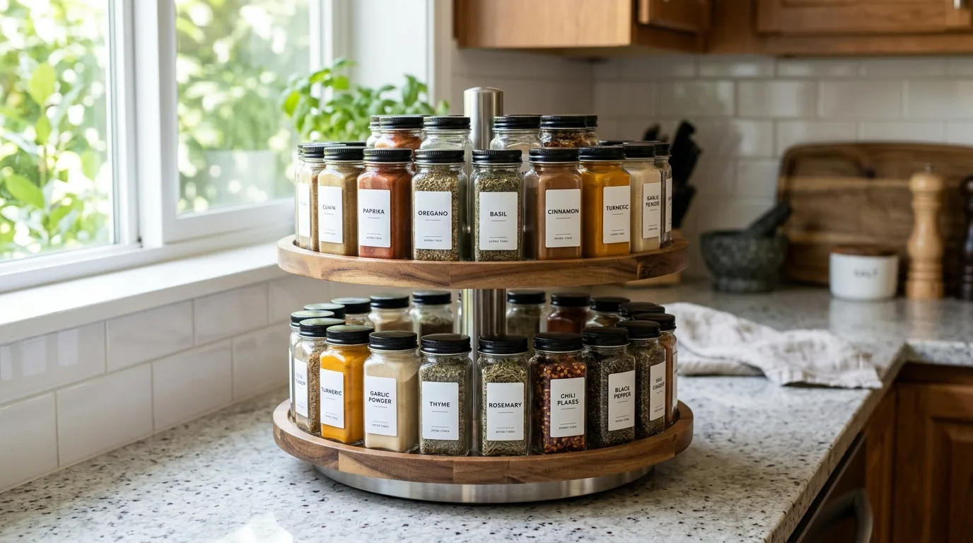 Countertop tiered spice rack in warm wood