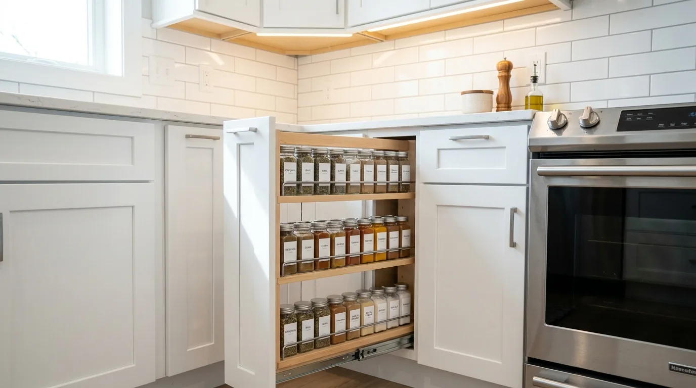 Wall-mounted rail spice shelf above prep zone