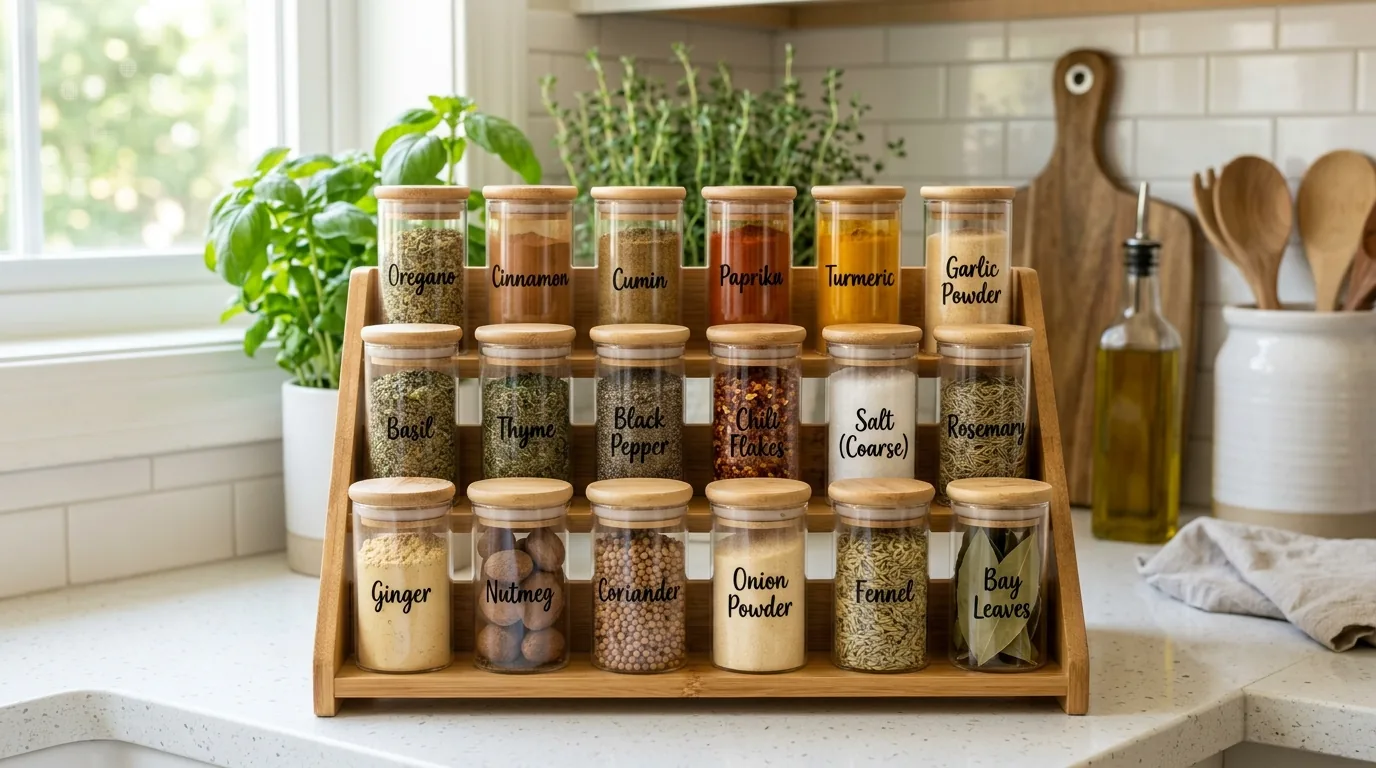 Pantry shelf with alphabetized spice baskets and matching labels