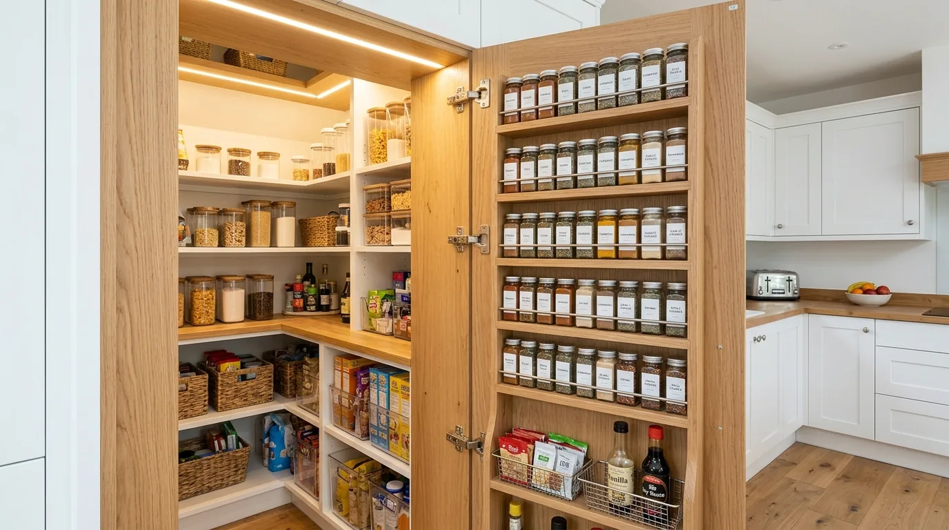 Farmhouse kitchen with rustic shelf and glass spice jars