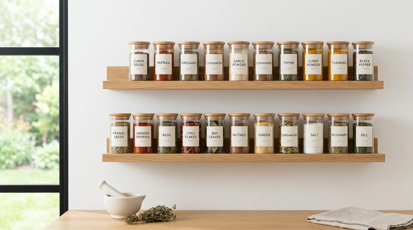 Minimal kitchen with monochrome labeled jars in slim cabinet tray