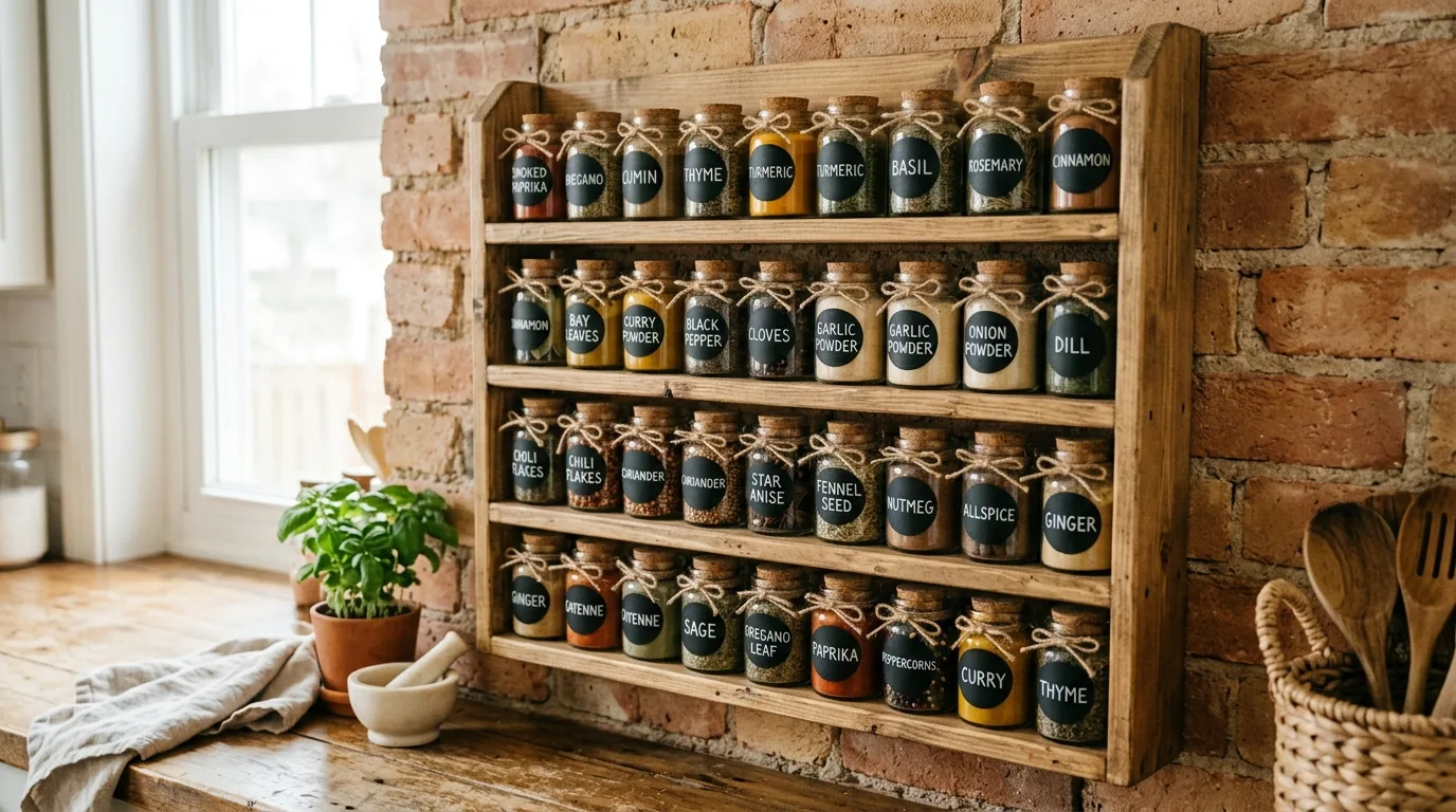 Apartment kitchen with over-cabinet spice ledge and clear jars