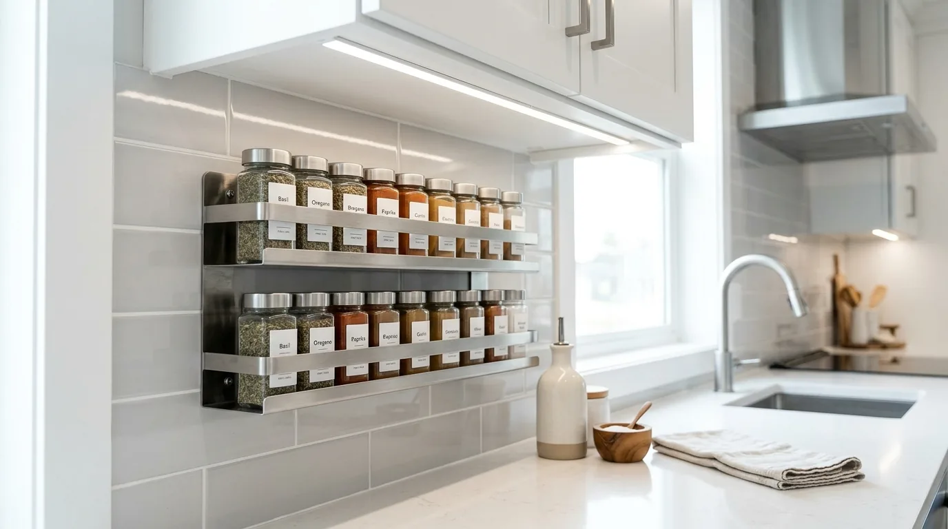 Cinematic organized kitchen with spice rack system