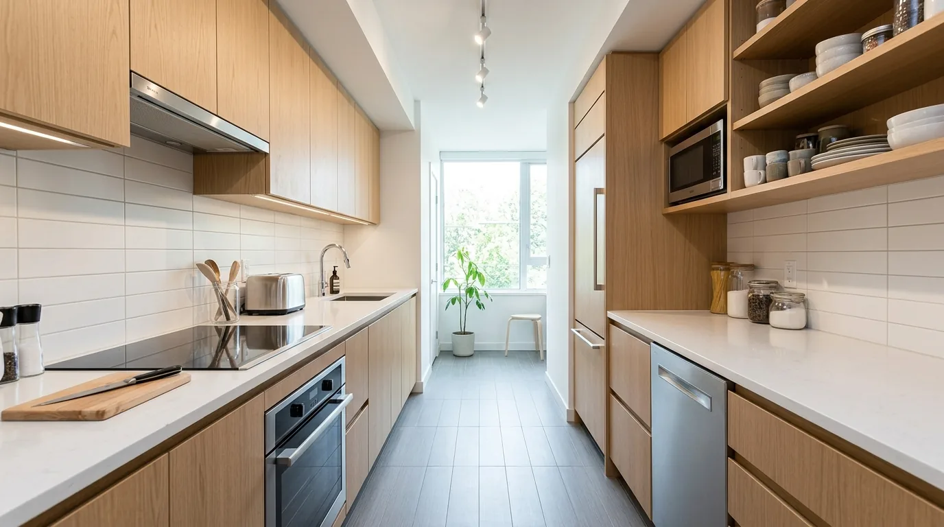 Galley kitchen with tall pantry wall and integrated appliances