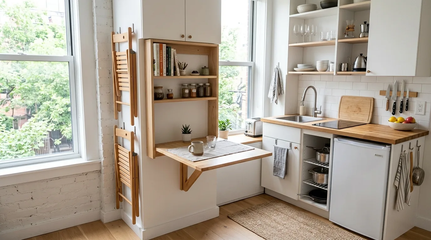Apartment kitchen with rolling island cart and tucked stools