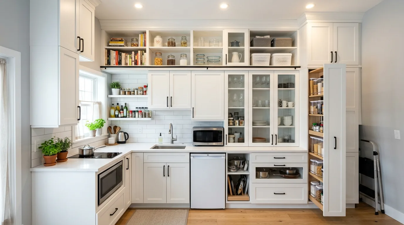 Compact kitchen with pale oak lower cabinets and bright backsplash