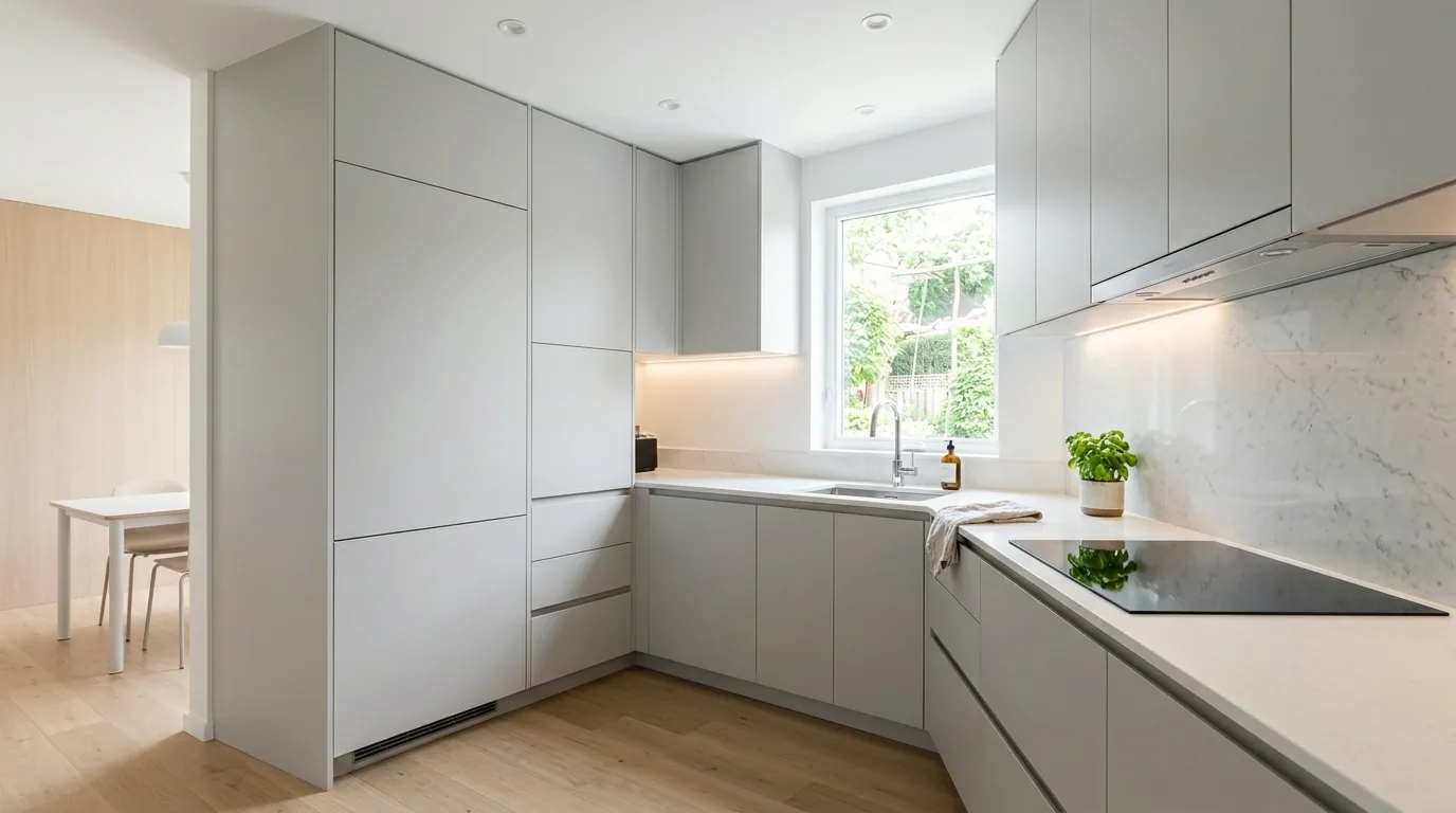 Corner kitchen with lazy-susan cabinet and vertical utensil storage