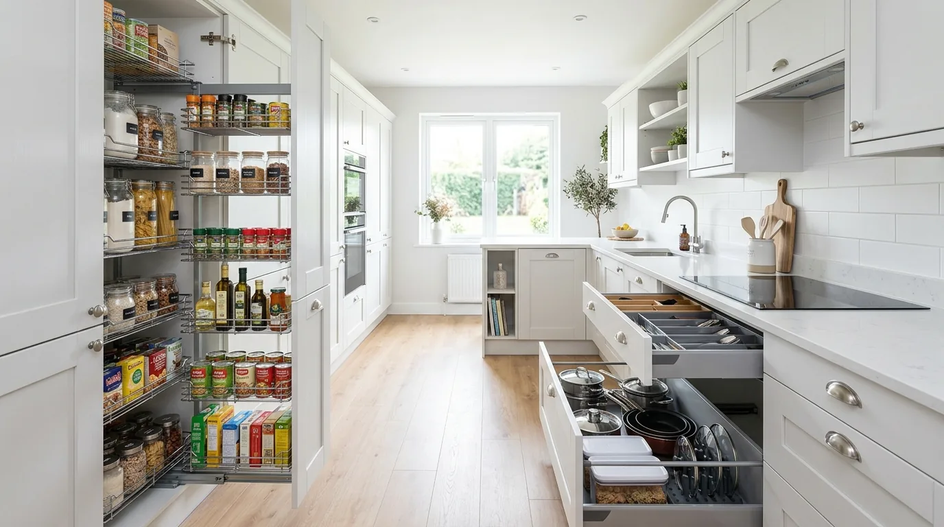 Minimal small kitchen with one-tone cabinetry and concealed handles