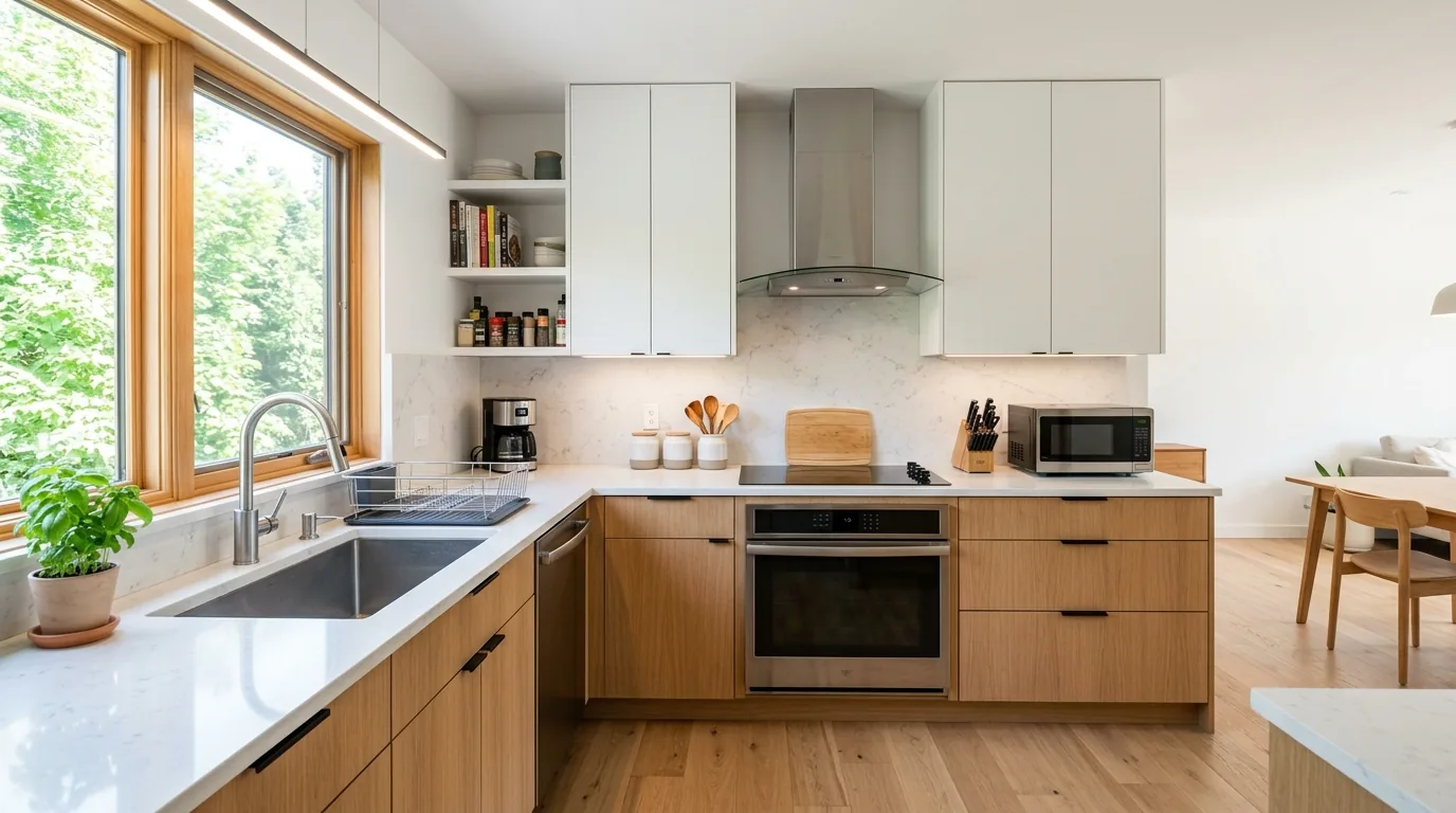 Scandinavian tiny kitchen with peg rail and paper pendant