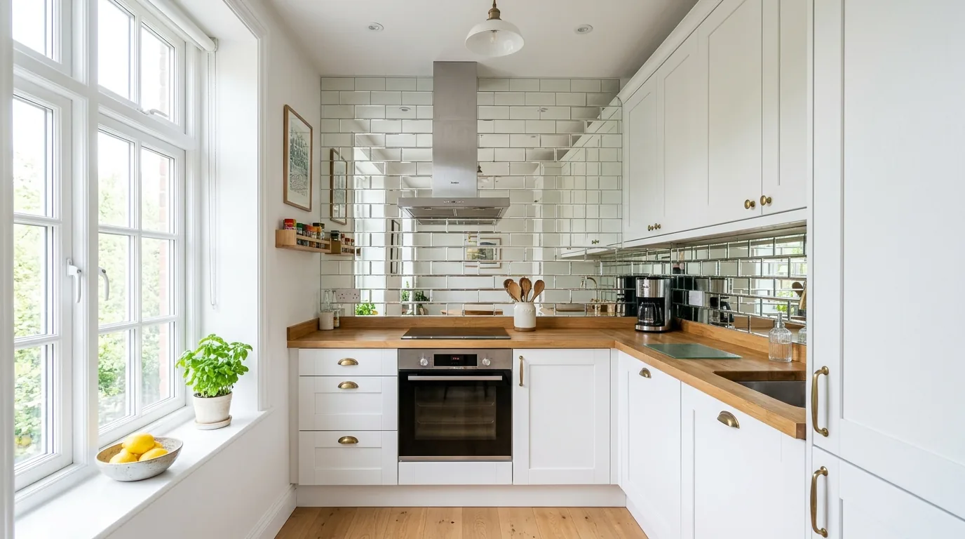 Small kitchen with magnetic knife strip and wall-mounted spice storage