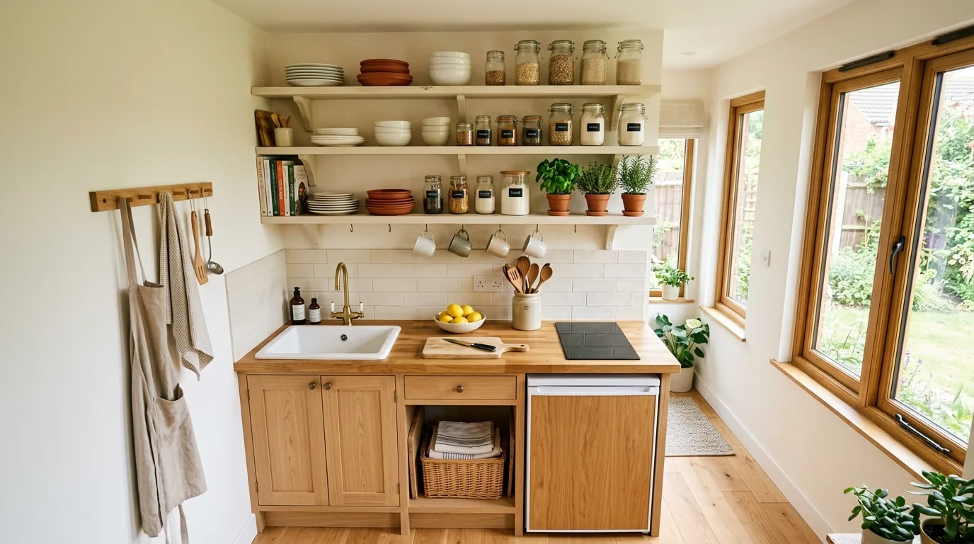 Coastal compact kitchen with sandy tones and glass-front uppers