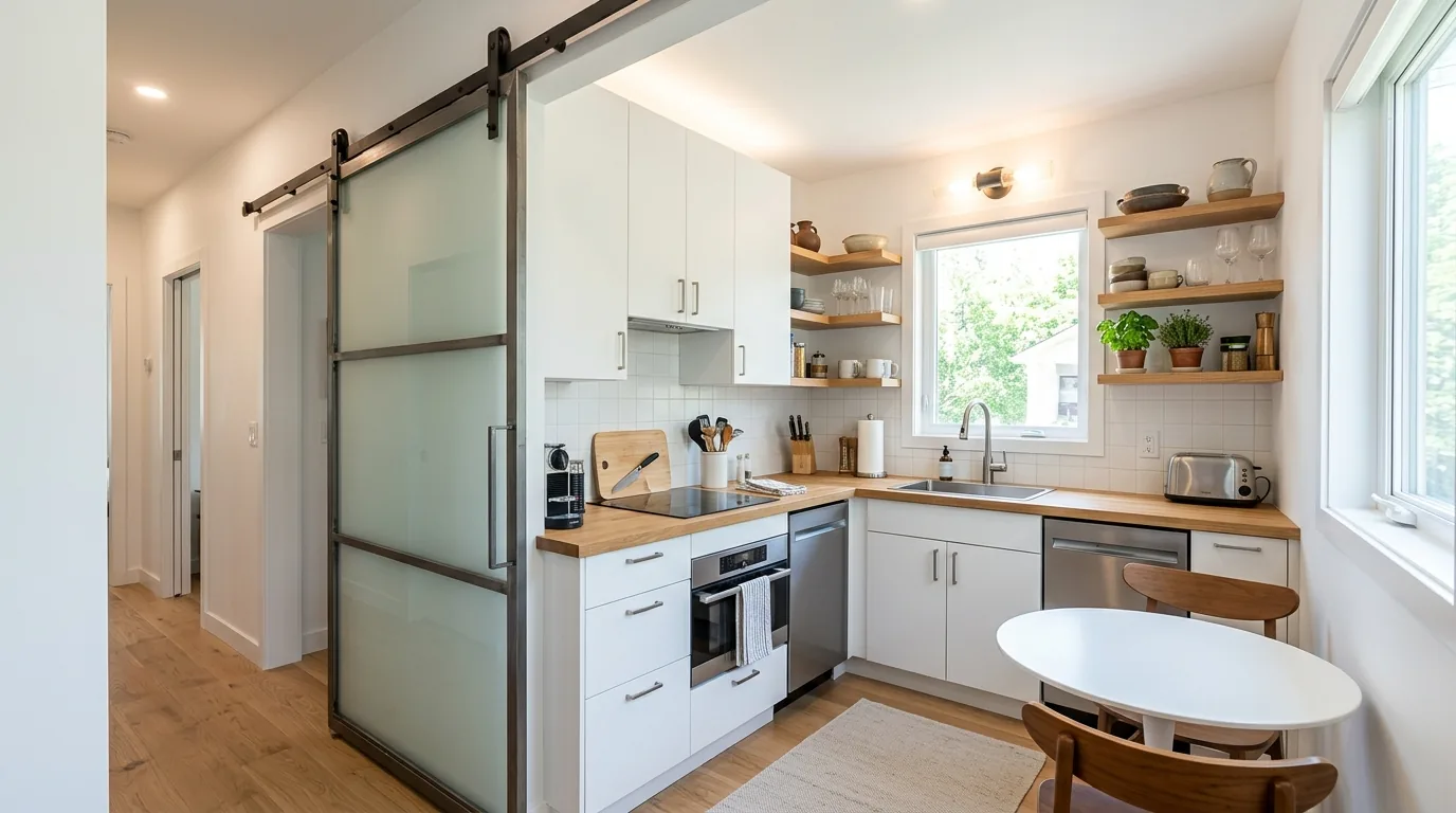 Family-sized tiny kitchen with stacked storage bins inside cabinets