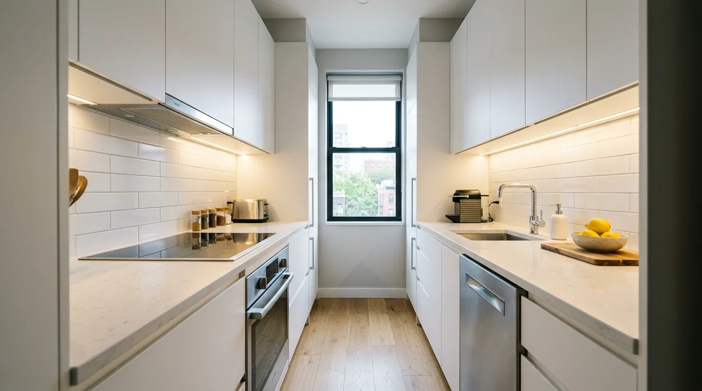 Luxury small kitchen with slim stone counters and full-height cabinetry