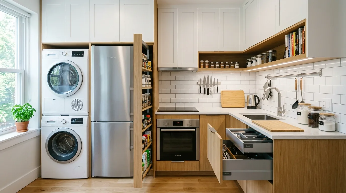 Open concept small kitchen with floating shelves and stool seating at peninsula
