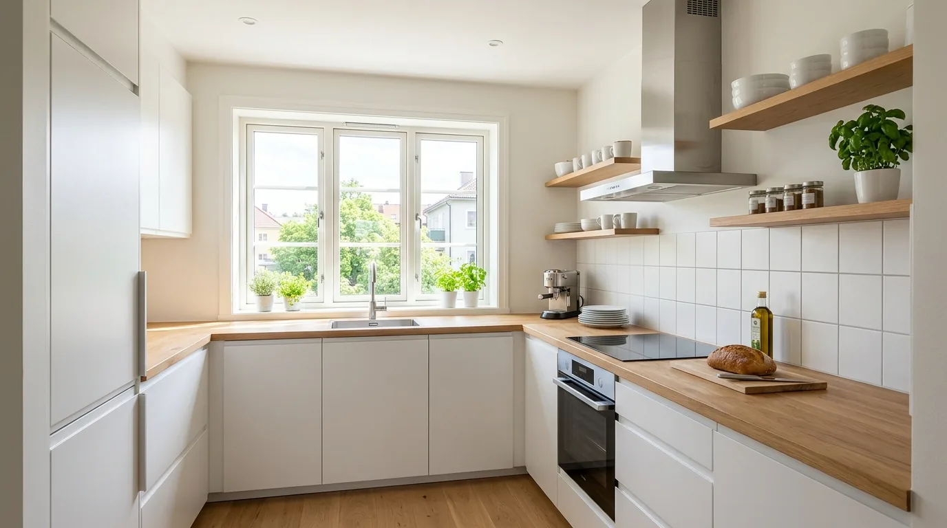 Cinematic tiny kitchen with layered lighting