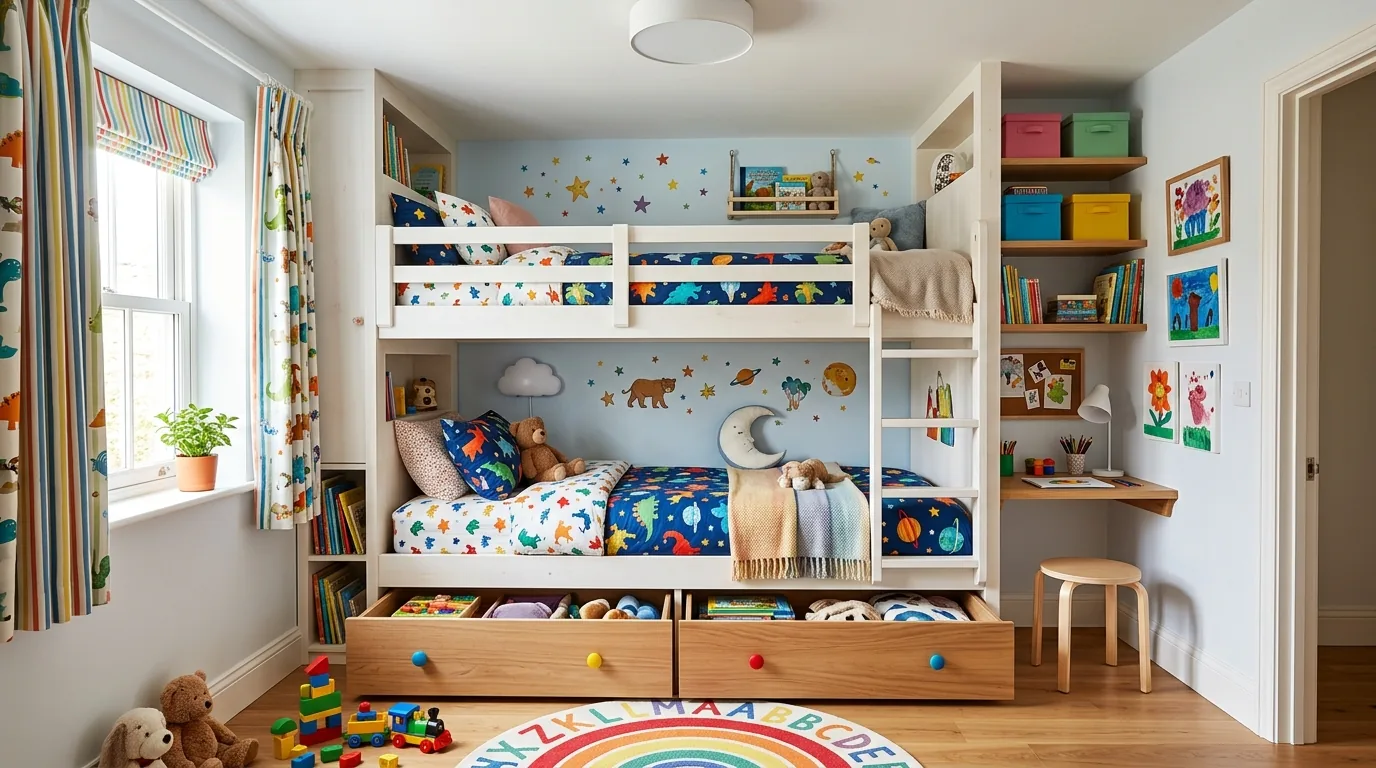 Small bedroom with loft bed over play zone