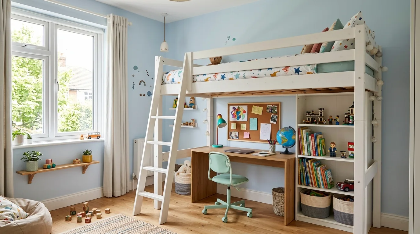 Shared kids room with twin beds and central nightstand