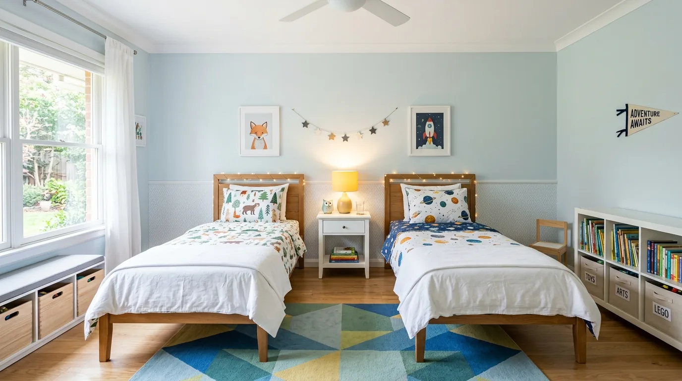 Bedroom with low book ledges and reading chair tucked by window