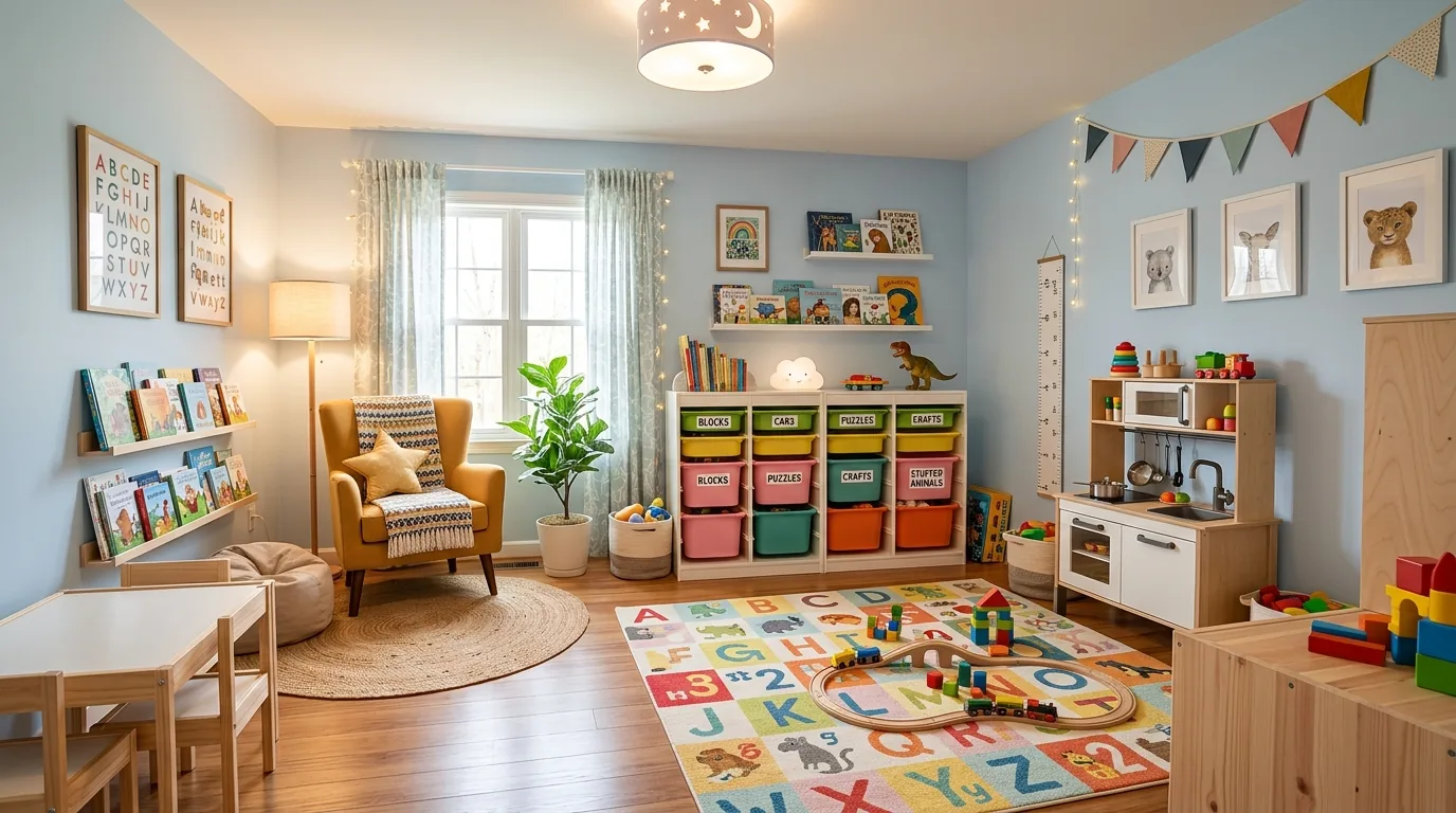 Bunk room with labeled drawers underneath and wide walkway