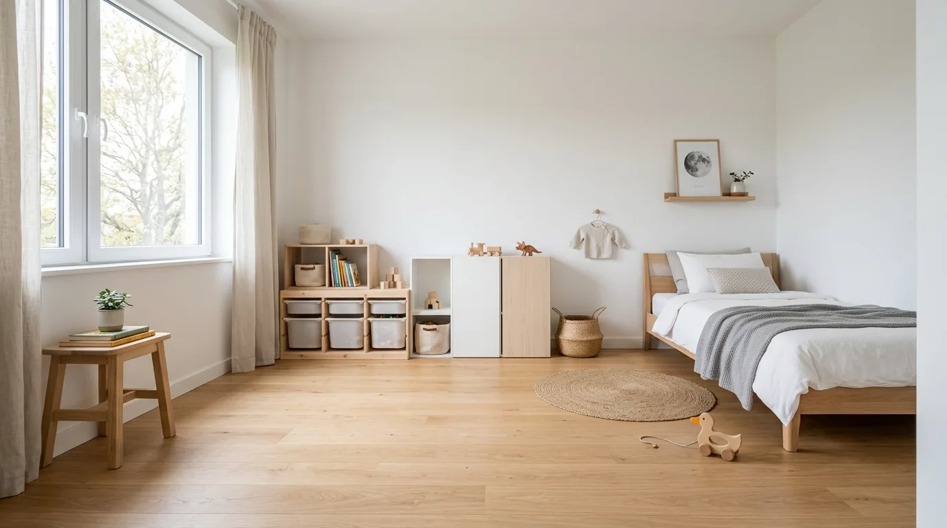 Montessori-inspired room with floor bed and open toy shelf
